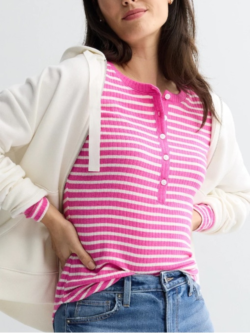 Women’s Sonoma pink-striped long-sleeve henley top - Picture 7 of 7